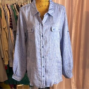 Calvin Klein 100% Linen Blue Roll Tab Button Down Shirt Sz XL